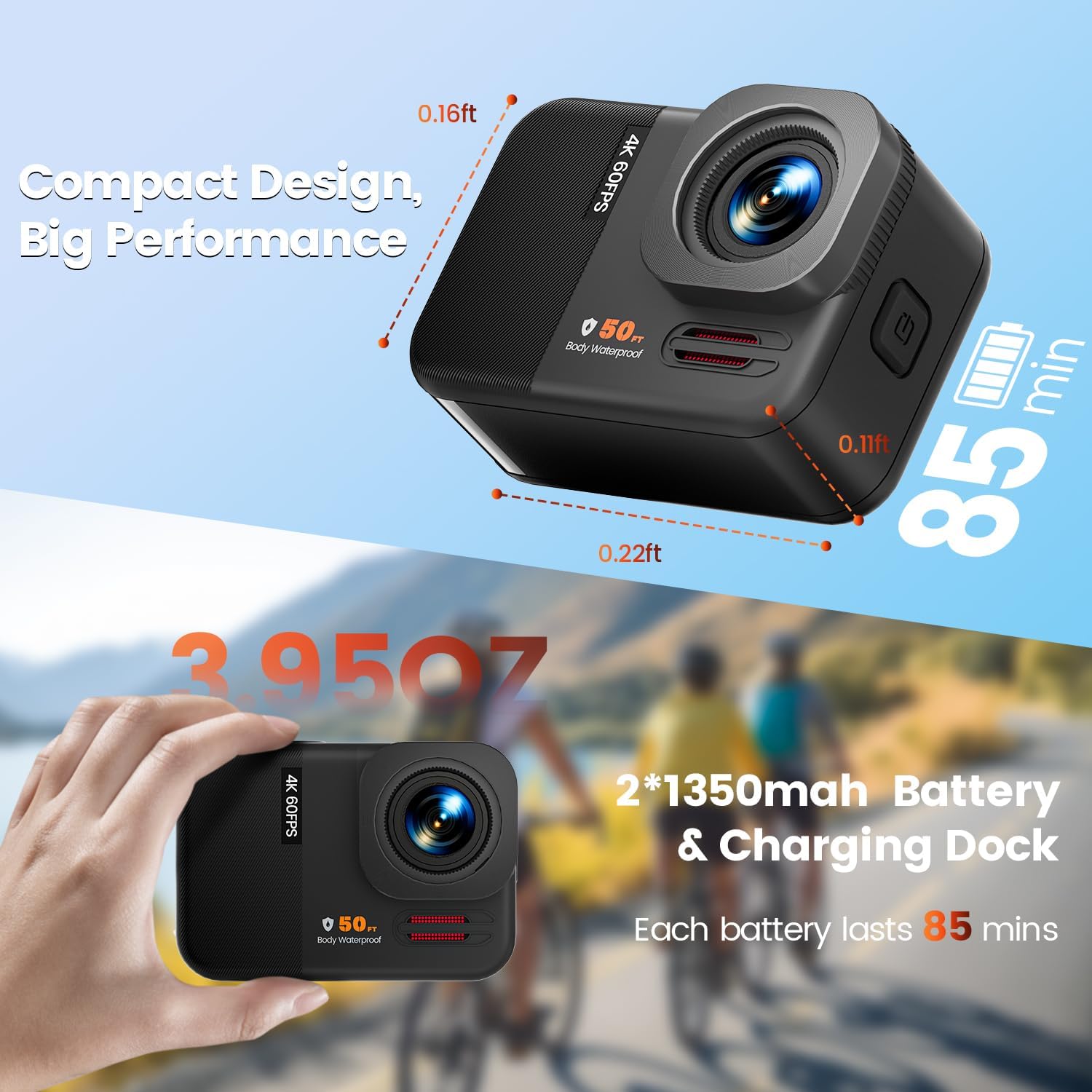 4K 60FPS 48MP WiFi Action Camera with Touch Screen, 50FT Underwater Waterproof Camera, No Case Needed, EIS Motorcycle Camera, 8X Zoom, 64GB Card, Remote Control, Batteries & Mounting Kits - Image 6