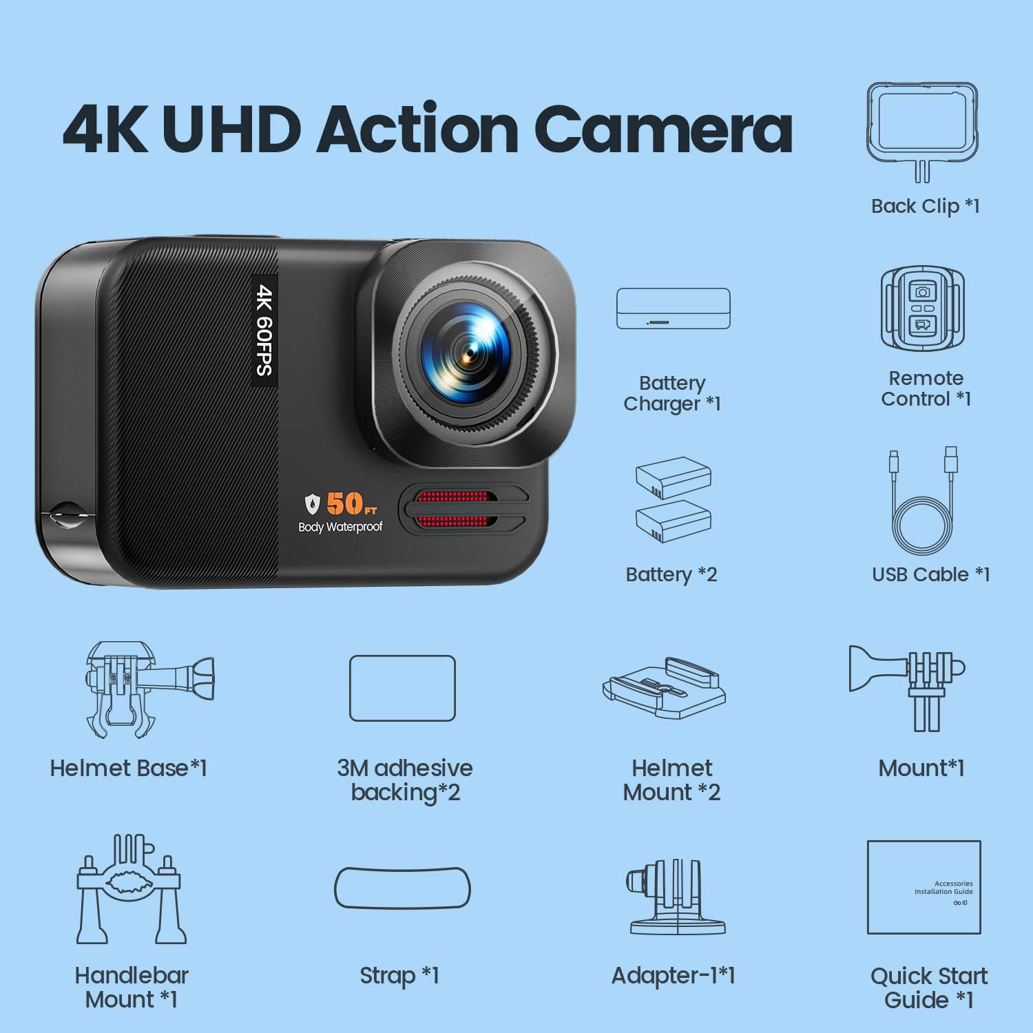 4K 60FPS 48MP WiFi Action Camera with Touch Screen, 50FT Underwater Waterproof Camera, No Case Needed, EIS Motorcycle Camera, 8X Zoom, 64GB Card, Remote Control, Batteries & Mounting Kits - Image 8