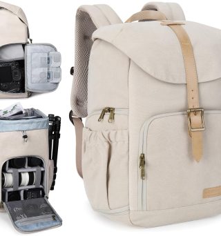BAGSMART Camera Backpack, DSLR Camera Bag Backpacks for Photographers, Waterproof Anti-Theft Photography Backpack with 15 Inch Laptop Compartment & Tripod Holder, Ivory White