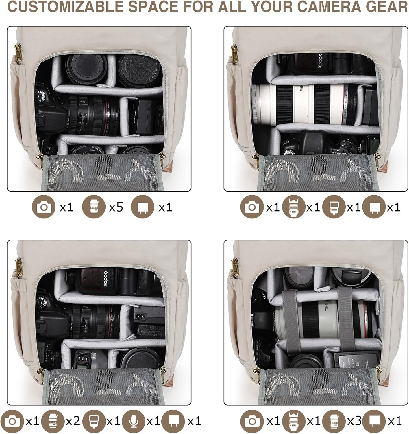 BAGSMART Camera Backpack, DSLR Camera Bag Backpacks for Photographers, Waterproof Anti-Theft Photography Backpack with 15 Inch Laptop Compartment & Tripod Holder, Ivory White - Image 3